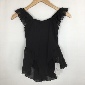 Girls Tank Leotard Black Ruffle Ballet Dance Gymnastics Bodysuit Sz 140 NEW